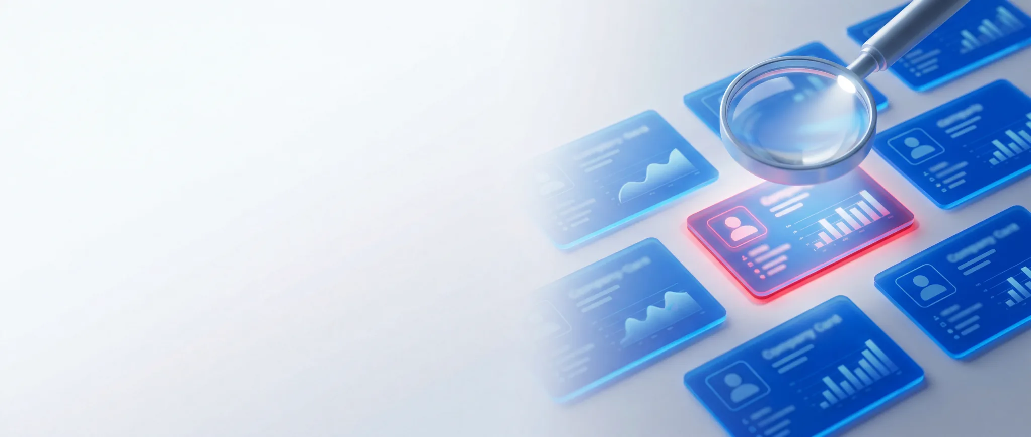 Company cards with magnifying lens highlighting the chosen one — B2B link building by PressHERO