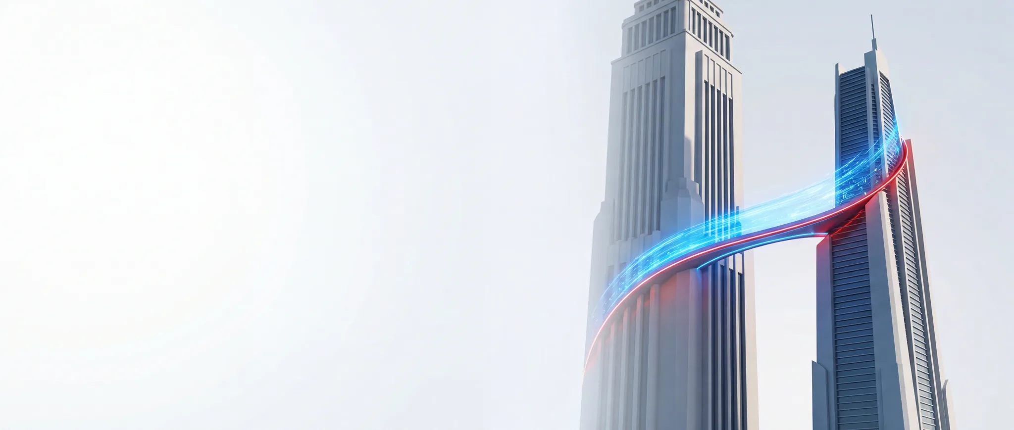 Two towers bridged by luminous data — closing the authority gap in financial services SEO by PressHERO